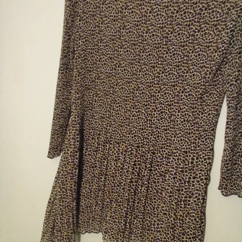 CC Blouse S 3/4 Sleeve Soft Stretch Ribbed Asymmetrical Animal Print Brown Black